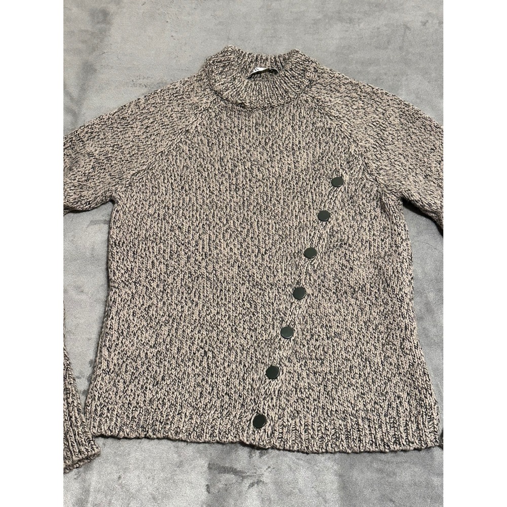 Zara Womens Marled Knit Mock Neck Diagonal Button  Sweater Tan Black Size Medium